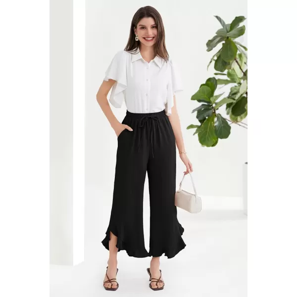 GRACE KARIN 2024 Womens Boho Wide Leg Pants Casual Palazzo Pants High Waisted Beach Flowy Ruffle Trousers with PocketsBlack