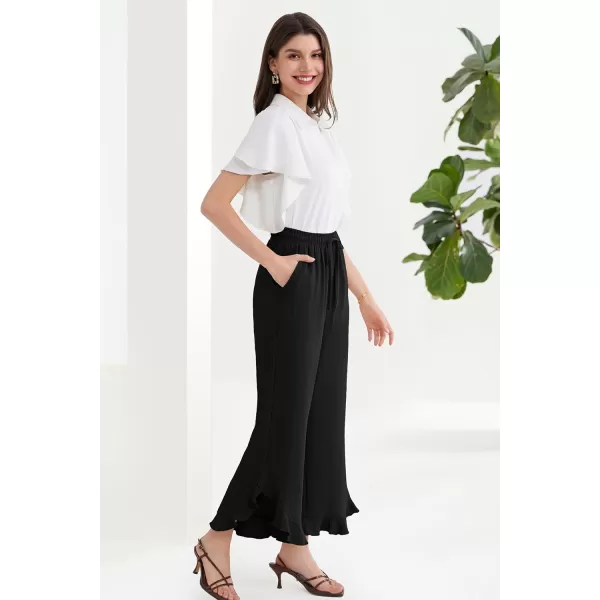 GRACE KARIN 2024 Womens Boho Wide Leg Pants Casual Palazzo Pants High Waisted Beach Flowy Ruffle Trousers with PocketsBlack