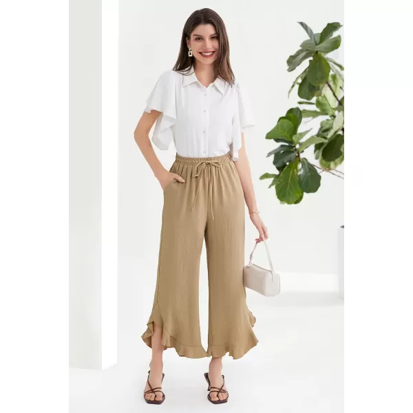 GRACE KARIN 2024 Womens Boho Wide Leg Pants Casual Palazzo Pants High Waisted Beach Flowy Ruffle Trousers with PocketsKhaki