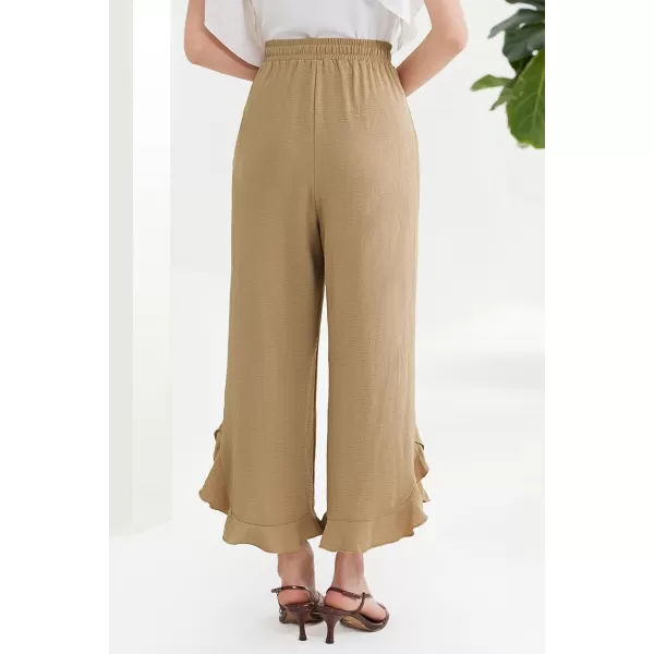 GRACE KARIN 2024 Womens Boho Wide Leg Pants Casual Palazzo Pants High Waisted Beach Flowy Ruffle Trousers with PocketsKhaki