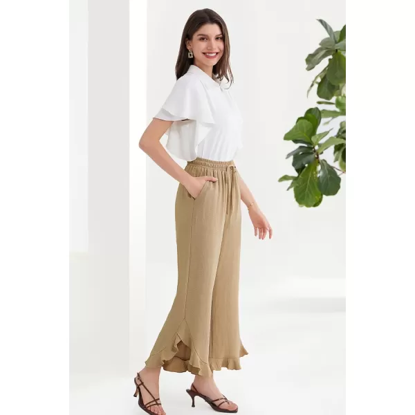 GRACE KARIN 2024 Womens Boho Wide Leg Pants Casual Palazzo Pants High Waisted Beach Flowy Ruffle Trousers with PocketsKhaki