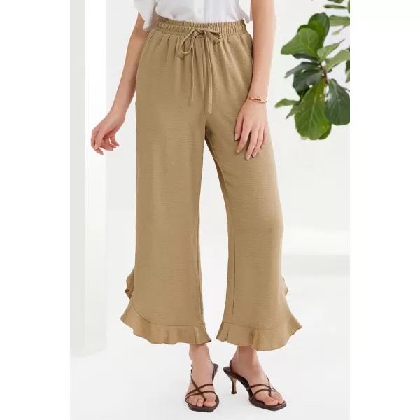 GRACE KARIN 2024 Womens Boho Wide Leg Pants Casual Palazzo Pants High Waisted Beach Flowy Ruffle Trousers with PocketsKhaki