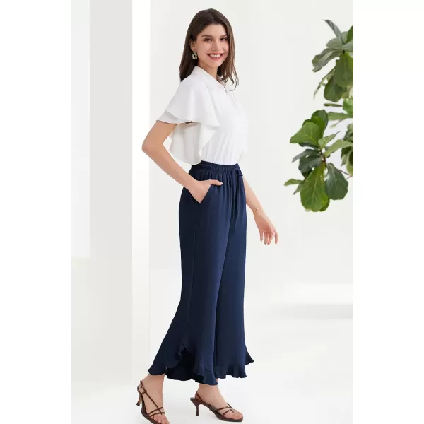 GRACE KARIN 2024 Womens Boho Wide Leg Pants Casual Palazzo Pants High Waisted Beach Flowy Ruffle Trousers with PocketsNavy Blue