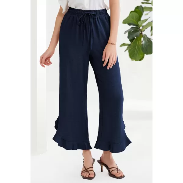 GRACE KARIN 2024 Womens Boho Wide Leg Pants Casual Palazzo Pants High Waisted Beach Flowy Ruffle Trousers with PocketsNavy Blue