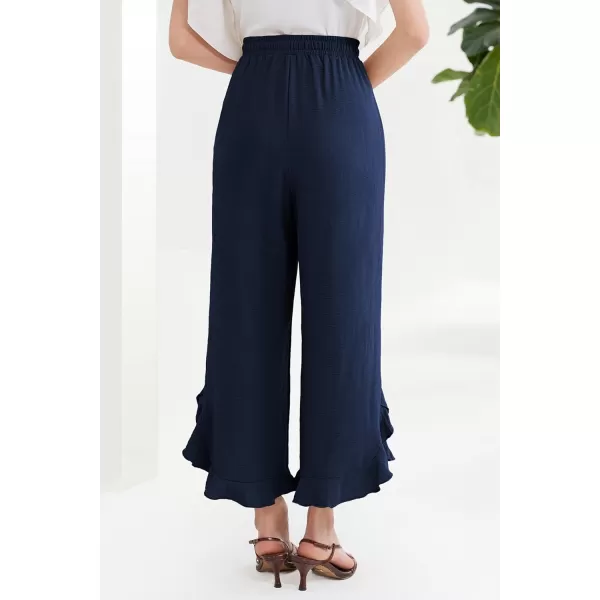 GRACE KARIN 2024 Womens Boho Wide Leg Pants Casual Palazzo Pants High Waisted Beach Flowy Ruffle Trousers with PocketsNavy Blue