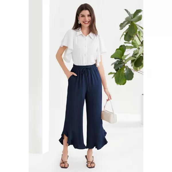 GRACE KARIN 2024 Womens Boho Wide Leg Pants Casual Palazzo Pants High Waisted Beach Flowy Ruffle Trousers with PocketsNavy Blue