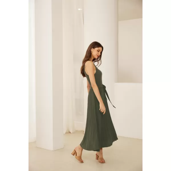 GRACE KARIN 2024 Womens Casual Summer Sleeveless Pleated Flowy Pocket Midi Aline Dresses with BeltArmy Green