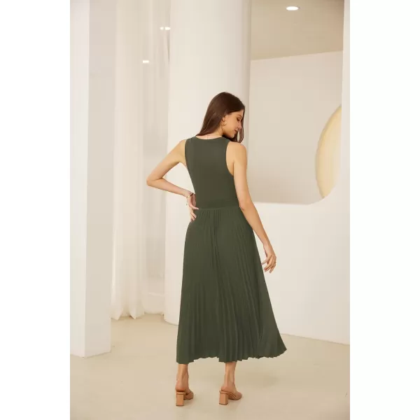 GRACE KARIN 2024 Womens Casual Summer Sleeveless Pleated Flowy Pocket Midi Aline Dresses with BeltArmy Green