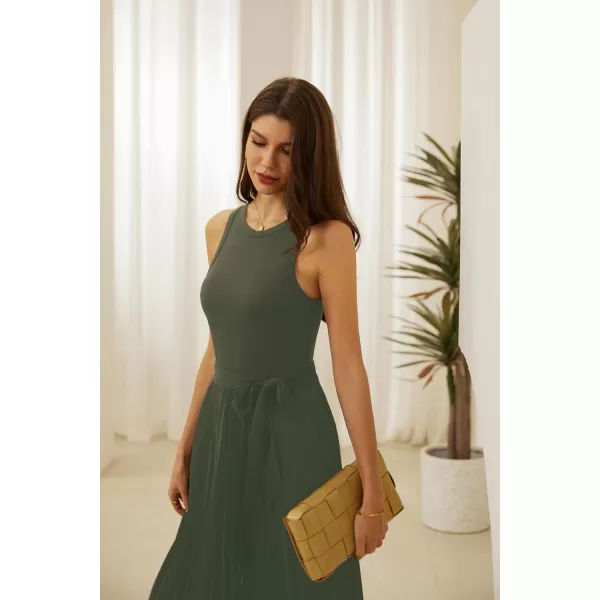 GRACE KARIN 2024 Womens Casual Summer Sleeveless Pleated Flowy Pocket Midi Aline Dresses with BeltArmy Green