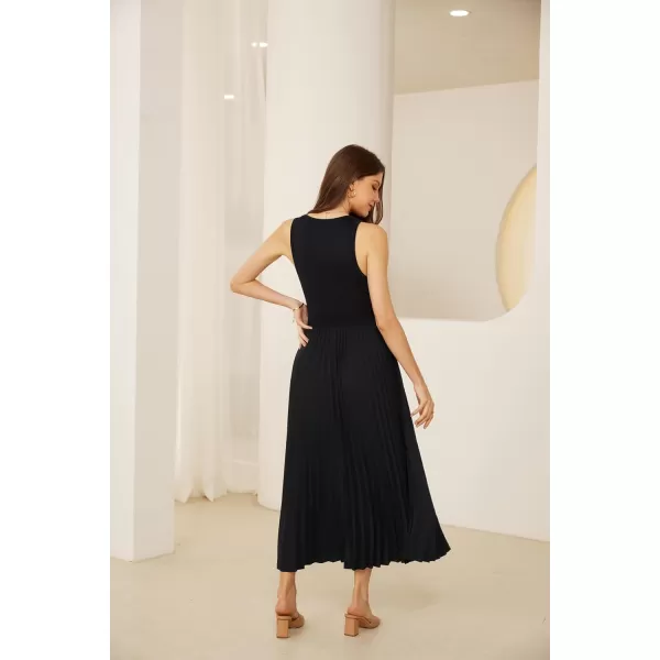 GRACE KARIN 2024 Womens Casual Summer Sleeveless Pleated Flowy Pocket Midi Aline Dresses with BeltBlack