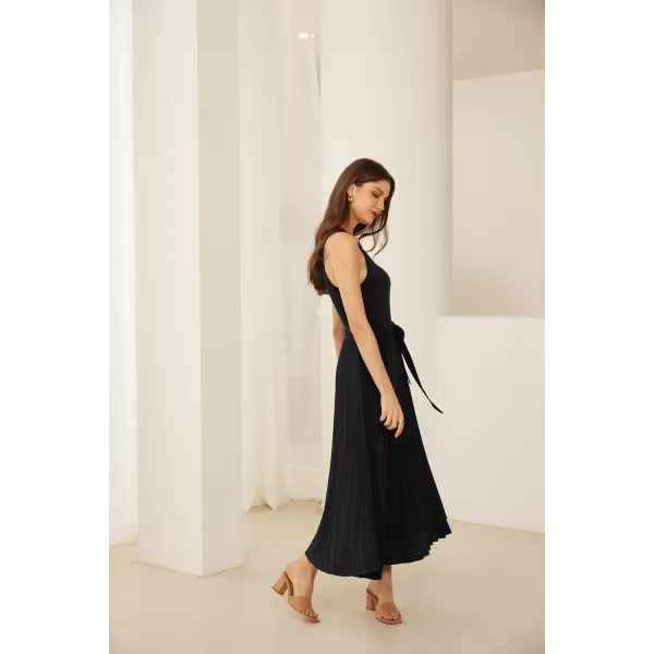 GRACE KARIN 2024 Womens Casual Summer Sleeveless Pleated Flowy Pocket Midi Aline Dresses with BeltBlack