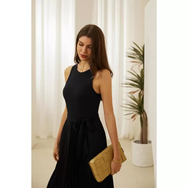 GRACE KARIN 2024 Womens Casual Summer Sleeveless Pleated Flowy Pocket Midi Aline Dresses with BeltBlack