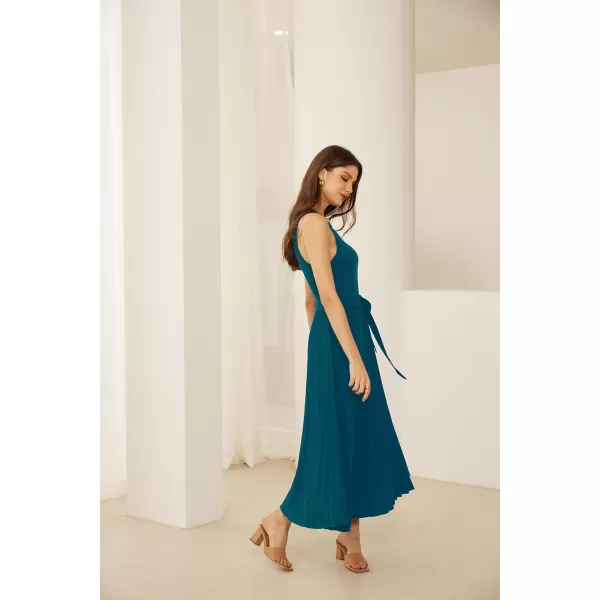 GRACE KARIN 2024 Womens Casual Summer Sleeveless Pleated Flowy Pocket Midi Aline Dresses with BeltBlue Green