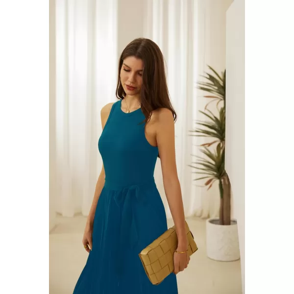 GRACE KARIN 2024 Womens Casual Summer Sleeveless Pleated Flowy Pocket Midi Aline Dresses with BeltBlue Green