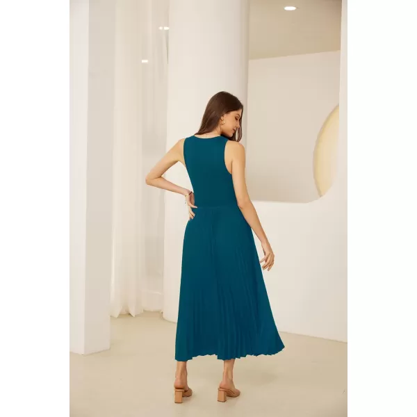 GRACE KARIN 2024 Womens Casual Summer Sleeveless Pleated Flowy Pocket Midi Aline Dresses with BeltBlue Green