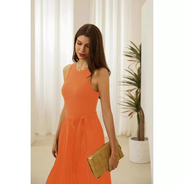 GRACE KARIN 2024 Womens Casual Summer Sleeveless Pleated Flowy Pocket Midi Aline Dresses with BeltOrange