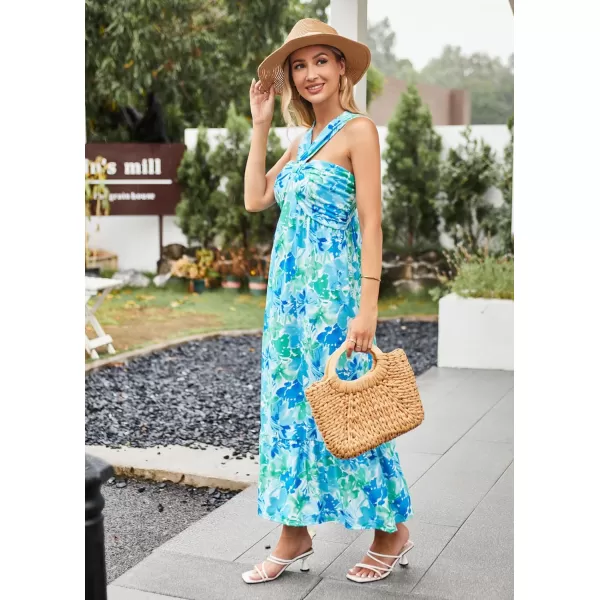 GRACE KARIN 2024 Womens Criss Cross Halter Neck Sleeveless Summer Floral Print Flowy A Line Maxi DressBlue Green