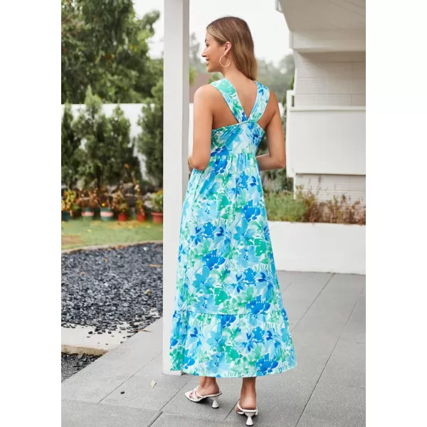 GRACE KARIN 2024 Womens Criss Cross Halter Neck Sleeveless Summer Floral Print Flowy A Line Maxi DressBlue Green