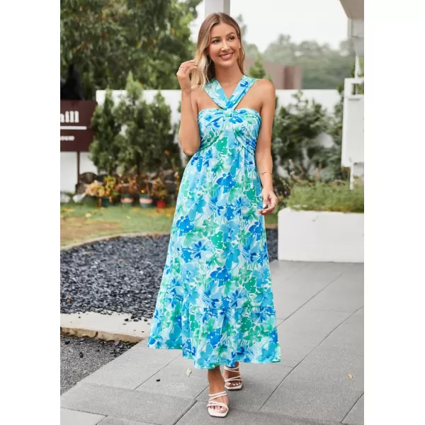 GRACE KARIN 2024 Womens Criss Cross Halter Neck Sleeveless Summer Floral Print Flowy A Line Maxi DressBlue Green