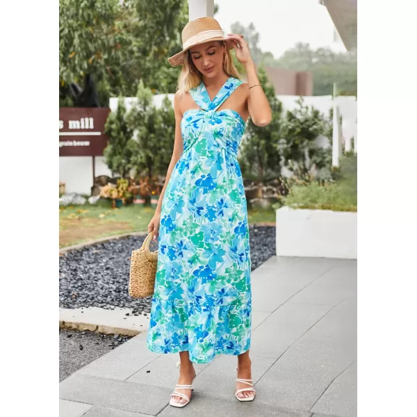 GRACE KARIN 2024 Womens Criss Cross Halter Neck Sleeveless Summer Floral Print Flowy A Line Maxi DressBlue Green