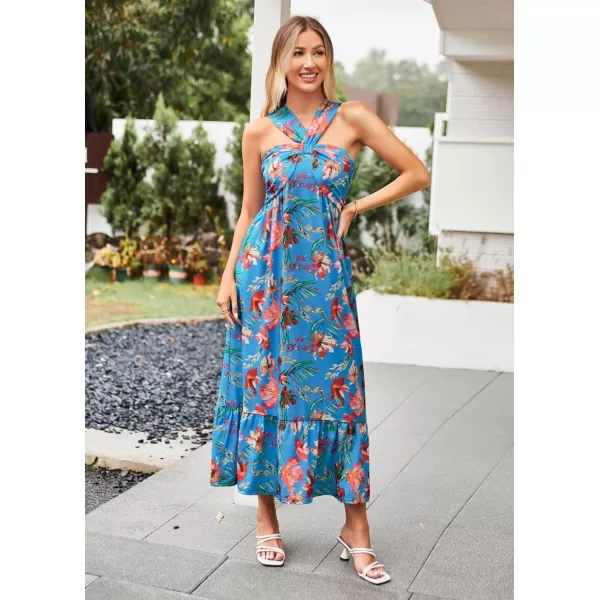 GRACE KARIN 2024 Womens Criss Cross Halter Neck Sleeveless Summer Floral Print Flowy A Line Maxi DressBlue Red