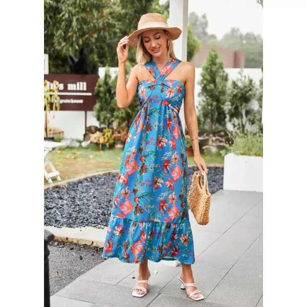 GRACE KARIN 2024 Womens Criss Cross Halter Neck Sleeveless Summer Floral Print Flowy A Line Maxi DressBlue Red