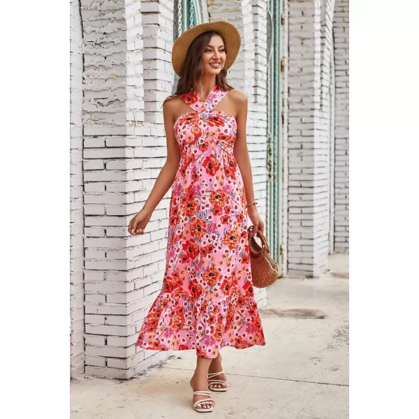 GRACE KARIN 2024 Womens Criss Cross Halter Neck Sleeveless Summer Floral Print Flowy A Line Maxi DressBrightpink