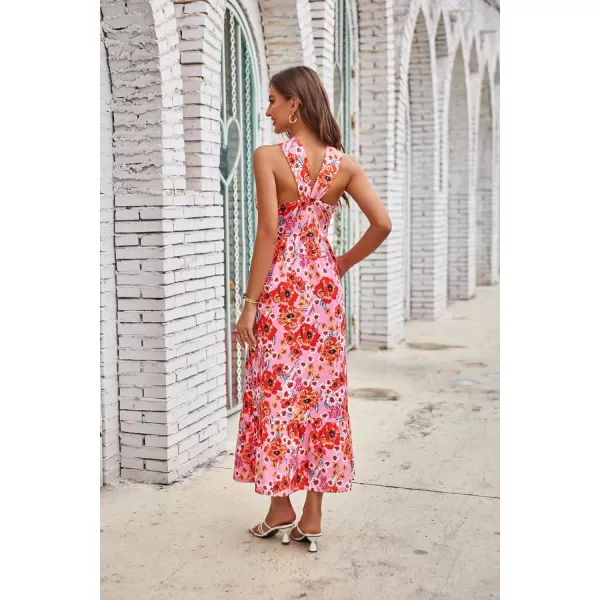 GRACE KARIN 2024 Womens Criss Cross Halter Neck Sleeveless Summer Floral Print Flowy A Line Maxi DressBrightpink