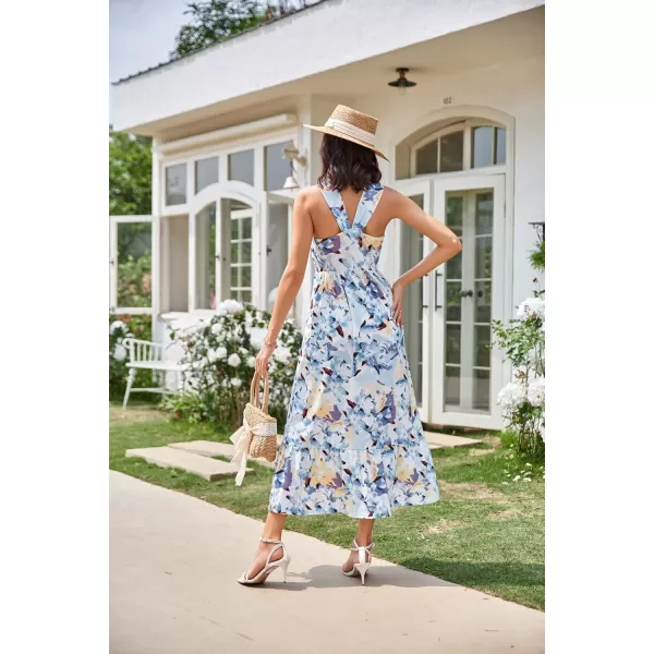 GRACE KARIN 2024 Womens Criss Cross Halter Neck Sleeveless Summer Floral Print Flowy A Line Maxi DressFloral White Blue