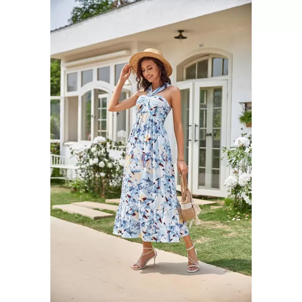 GRACE KARIN 2024 Womens Criss Cross Halter Neck Sleeveless Summer Floral Print Flowy A Line Maxi DressFloral White Blue