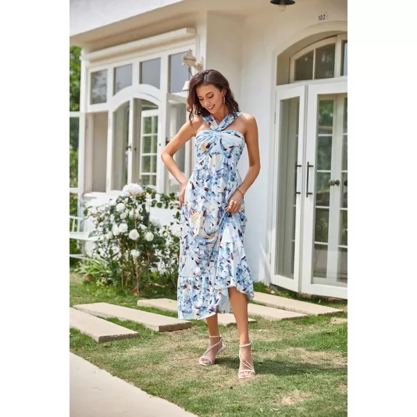 GRACE KARIN 2024 Womens Criss Cross Halter Neck Sleeveless Summer Floral Print Flowy A Line Maxi DressFloral White Blue