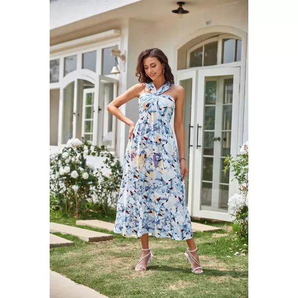 GRACE KARIN 2024 Womens Criss Cross Halter Neck Sleeveless Summer Floral Print Flowy A Line Maxi DressFloral White Blue