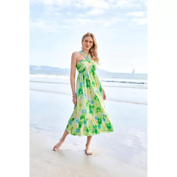 GRACE KARIN 2024 Womens Criss Cross Halter Neck Sleeveless Summer Floral Print Flowy A Line Maxi DressGreen Viola