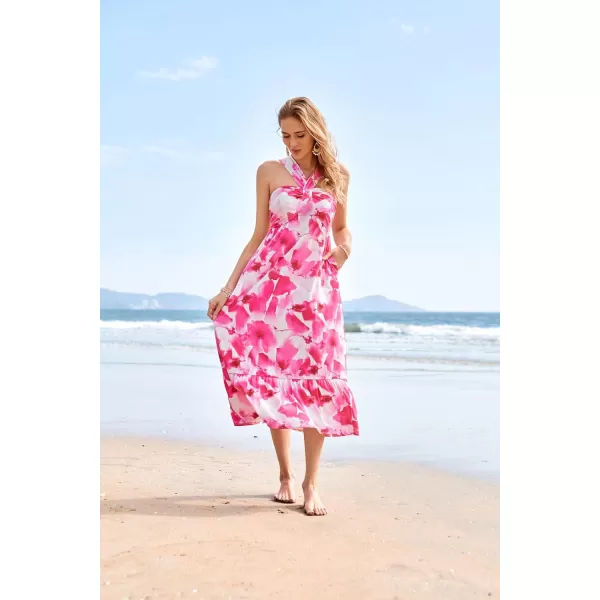 GRACE KARIN 2024 Womens Criss Cross Halter Neck Sleeveless Summer Floral Print Flowy A Line Maxi DressPink Watercolour