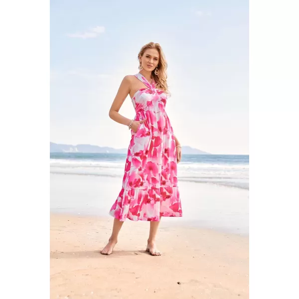 GRACE KARIN 2024 Womens Criss Cross Halter Neck Sleeveless Summer Floral Print Flowy A Line Maxi DressPink Watercolour