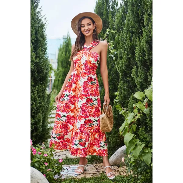 GRACE KARIN 2024 Womens Criss Cross Halter Neck Sleeveless Summer Floral Print Flowy A Line Maxi DressRose Orange