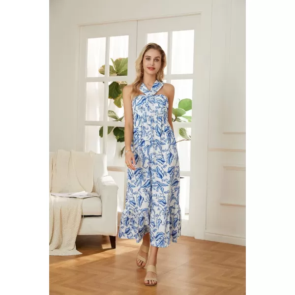 GRACE KARIN 2024 Womens Criss Cross Halter Neck Sleeveless Summer Floral Print Flowy A Line Maxi DressWhite Blue