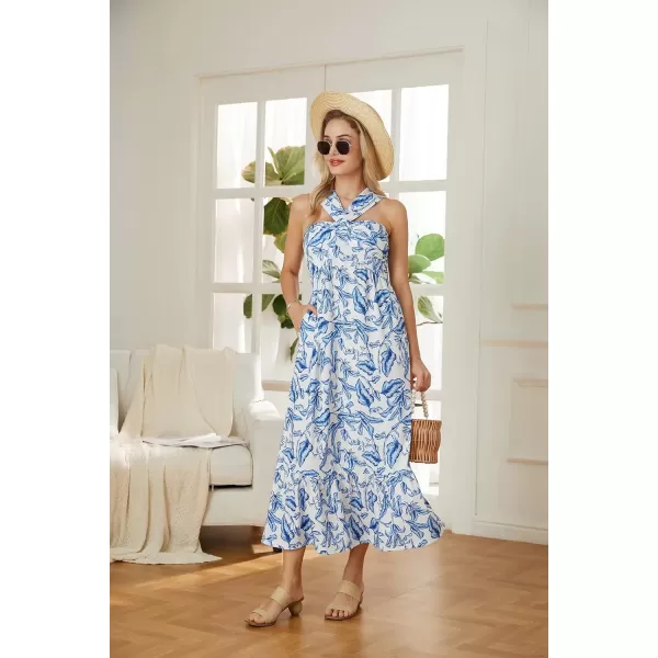 GRACE KARIN 2024 Womens Criss Cross Halter Neck Sleeveless Summer Floral Print Flowy A Line Maxi DressWhite Blue