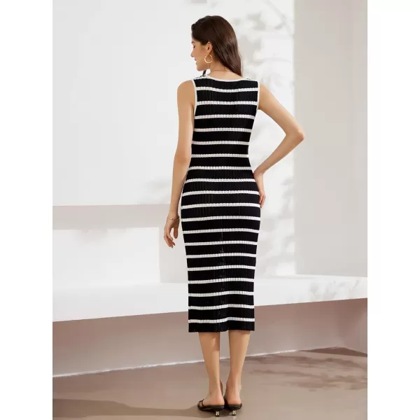 GRACE KARIN 2024 Womens Crochet Sweater Dress Summer Sleeveless Striped Knit Dress Hollow Out Bodycon Tank Midi DressesBlack White Stripe