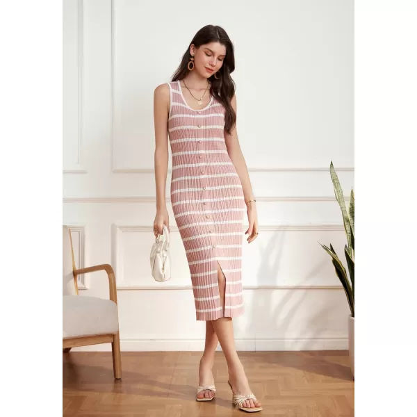 GRACE KARIN 2024 Womens Crochet Sweater Dress Summer Sleeveless Striped Knit Dress Hollow Out Bodycon Tank Midi DressesPink White Stripe