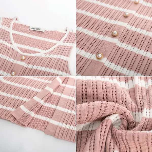 GRACE KARIN 2024 Womens Crochet Sweater Dress Summer Sleeveless Striped Knit Dress Hollow Out Bodycon Tank Midi DressesPink White Stripe