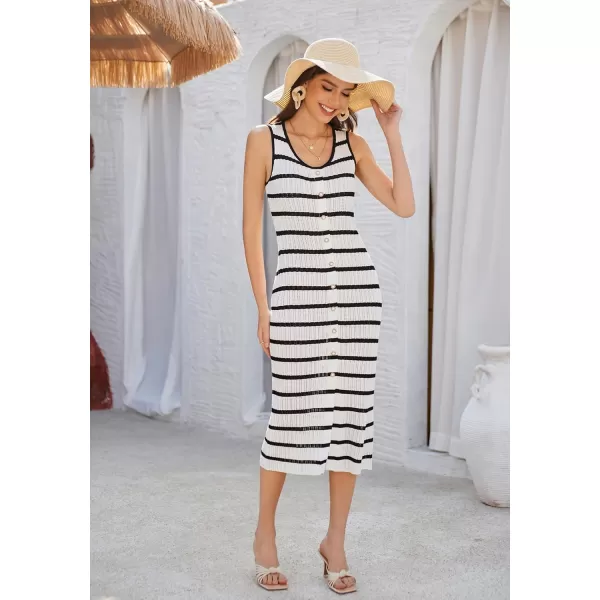 GRACE KARIN 2024 Womens Crochet Sweater Dress Summer Sleeveless Striped Knit Dress Hollow Out Bodycon Tank Midi DressesWhite Black Stripe