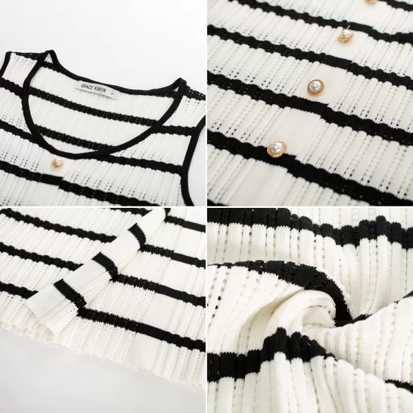 GRACE KARIN 2024 Womens Crochet Sweater Dress Summer Sleeveless Striped Knit Dress Hollow Out Bodycon Tank Midi DressesWhite Black Stripe