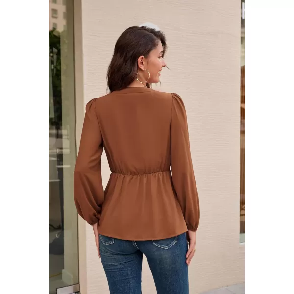 GRACE KARIN 2024 Womens Elegant Peplum Tops V Neck Tie Front Short Bell Sleeve Shirts Tops BlouseBrownl43