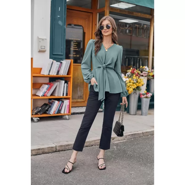 GRACE KARIN 2024 Womens Elegant Peplum Tops V Neck Tie Front Short Bell Sleeve Shirts Tops BlouseGrayl43