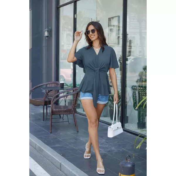 GRACE KARIN 2024 Womens Elegant Peplum Tops V Neck Tie Front Short Bell Sleeve Shirts Tops BlouseGrey Blue