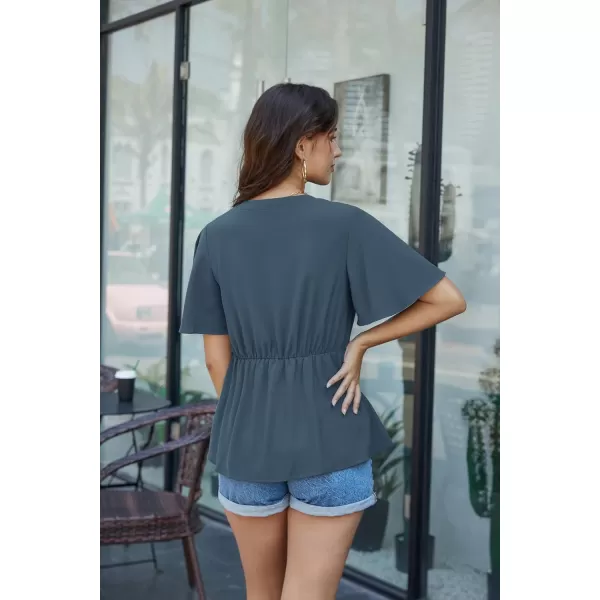 GRACE KARIN 2024 Womens Elegant Peplum Tops V Neck Tie Front Short Bell Sleeve Shirts Tops BlouseGrey Blue