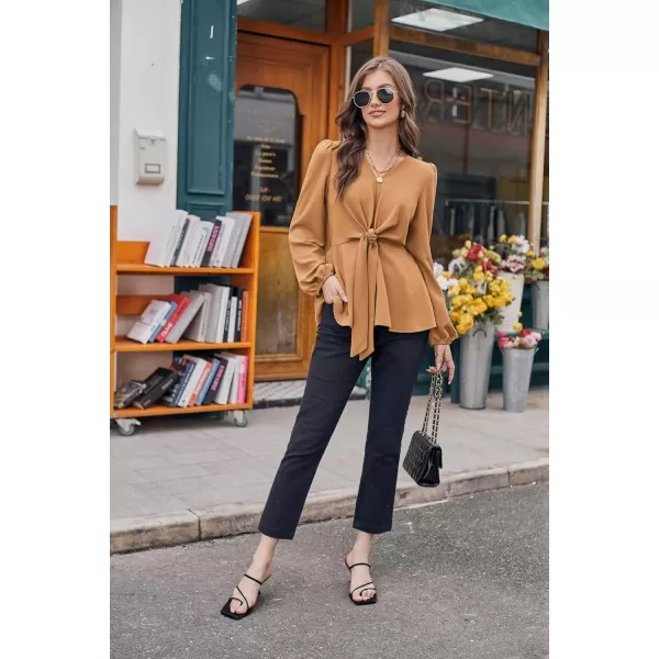 GRACE KARIN 2024 Womens Elegant Peplum Tops V Neck Tie Front Short Bell Sleeve Shirts Tops BlouseKhakil43