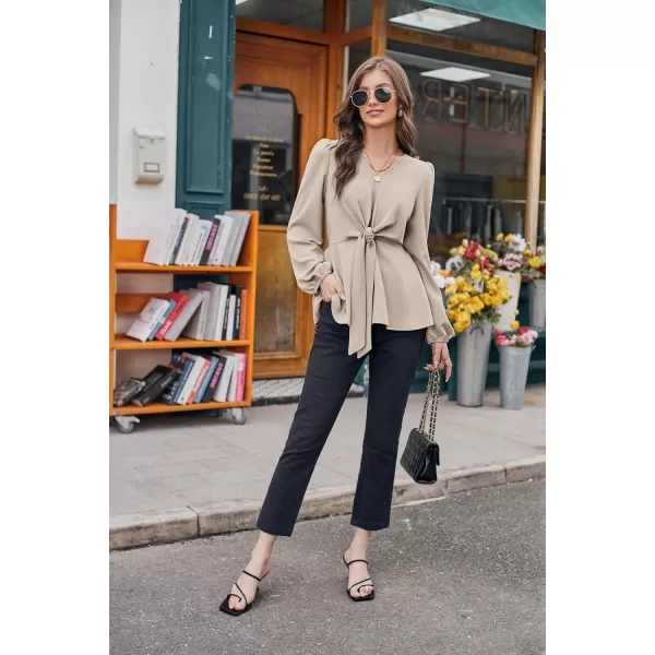GRACE KARIN 2024 Womens Elegant Peplum Tops V Neck Tie Front Short Bell Sleeve Shirts Tops BlouseLight Khakil43