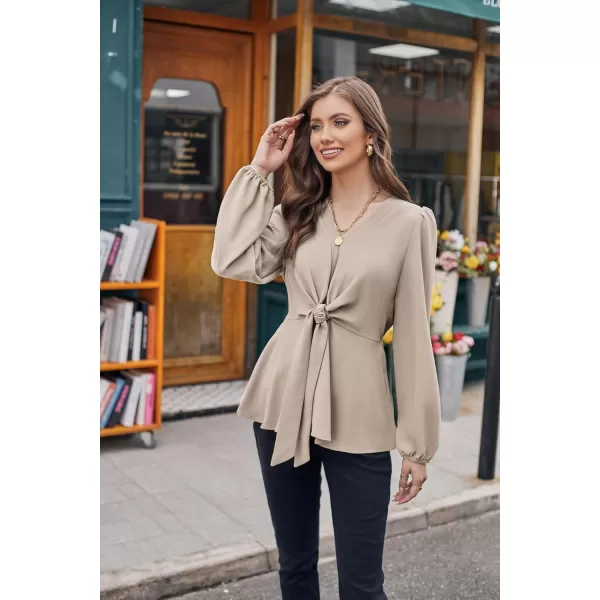 GRACE KARIN 2024 Womens Elegant Peplum Tops V Neck Tie Front Short Bell Sleeve Shirts Tops BlouseLight Khakil43